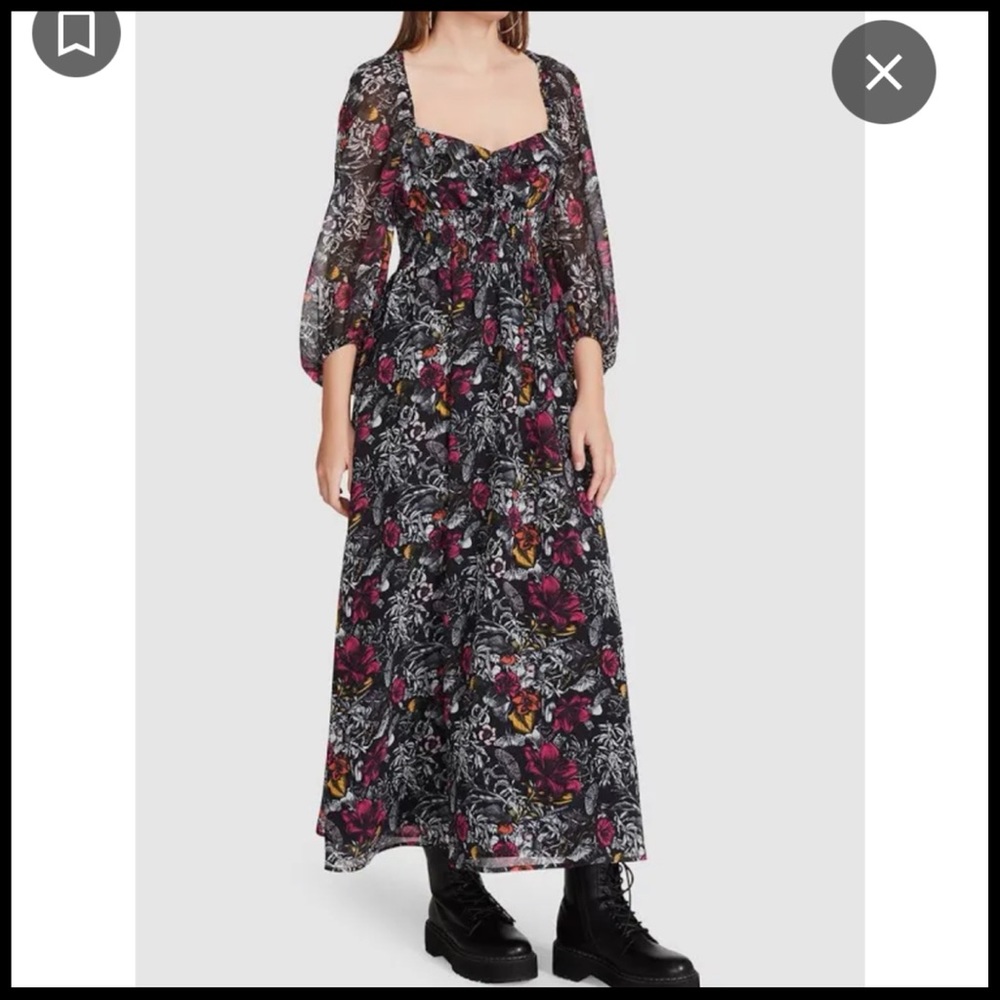 Floral/Moth Sheer Peasant Maxi Dress